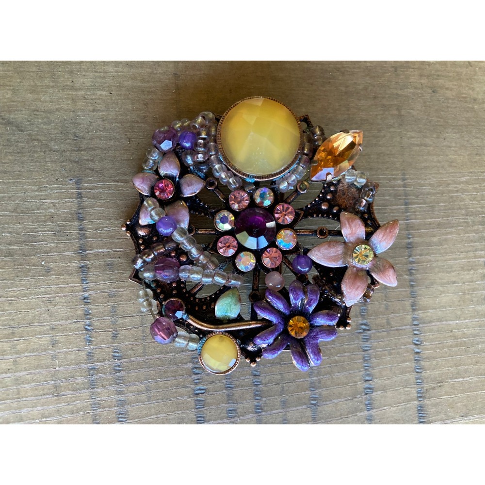 Vintage Style Floral Brooch Copper Tone Purple Pink Enamel Rhinestone Beaded Pin